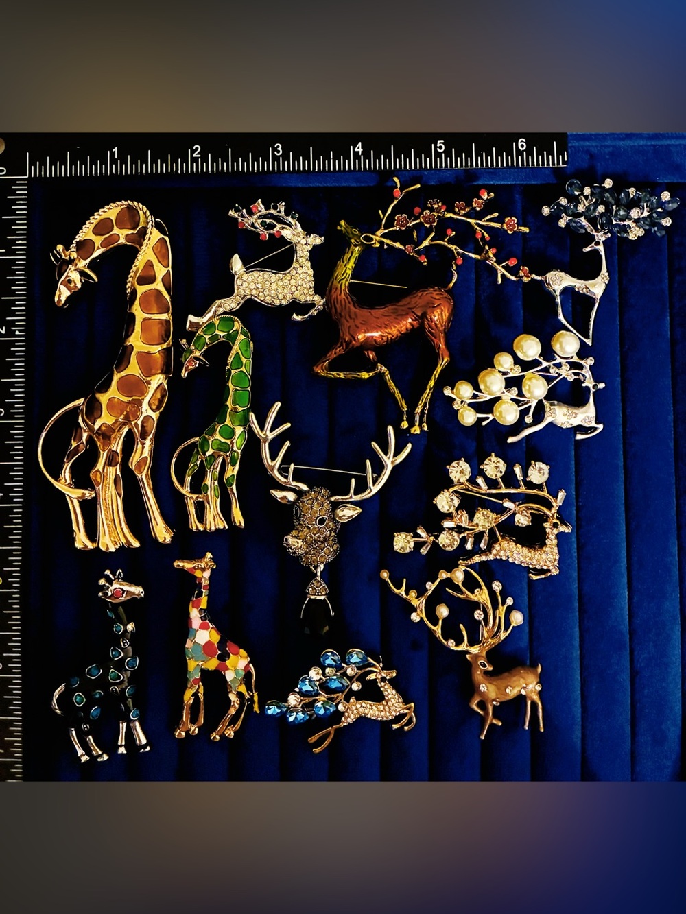 Lot of 12 Reindeer Deer Giraffe Brooches Rhinestone Enamel Pin Set